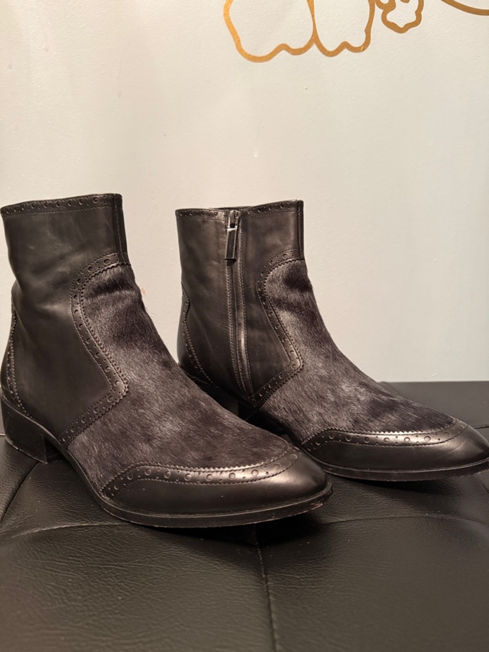 Rachel Zoe Black Leather & Haircalf Ankle Booties